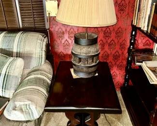 Vintage side table, wagon wheel lamp