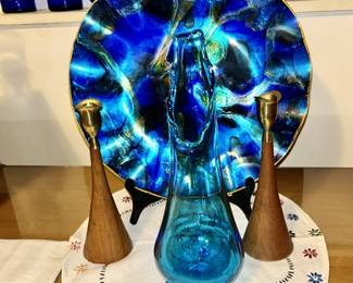 Vintage plate, candlesticks (SOLD), blue stretch vase