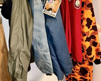 Men's jackets (SOME SOLD), vintage red wool hunting clothing, orange camouflage hunting overalls, new Carhartt jacket (SOLD) & bib overalls