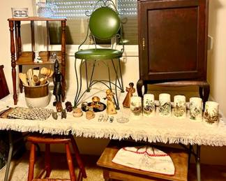 Vintage record cabinets, vintage metal stool (part of 5 piece table & chairs set), stool, wooden table, etc