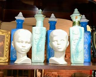 Vintage liquor decanters (empty), ceramic girl/boy busts)