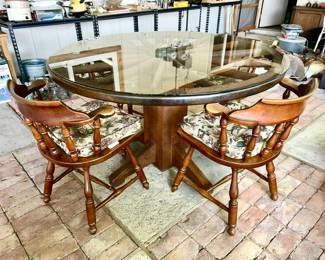 Wagon Wheel table with glass top, 4 wooden chairs