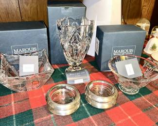 Waterford Marquis crystal bowls, vase, set of 4 glass and sterling silver coasters (SOLD)