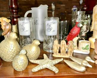 Vintage brass quail family (SOLD), brass star fish (SOLD), brass miniature ducks (SOLD), resin Hear No Evil, See No Evil, Speak No Evil figurine, etc.