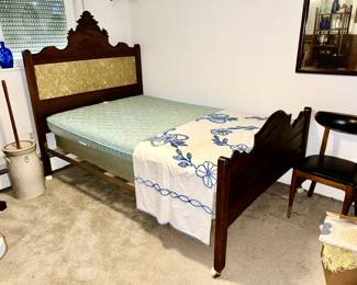 Antique full-size or 3/4 size bed w/ mattress, vintage bedding, Mid-Century side chair, wall mirror (BEDSPREAD SOLD)