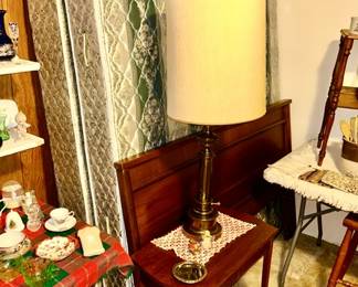 Queen size mattress, box spring, headboard, vintage side table, lamp