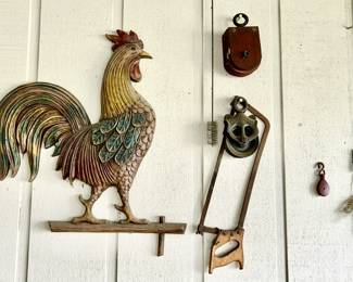 Vintage chicken wall art, antique pulleys, vintage tools