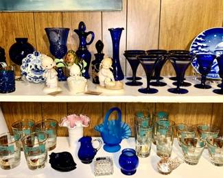 Cobalt blue collectibles, Mid-Century steamboat glasses (teal/gold designs), Fenton peach flow vase, blue glass basket (SOME SOLD)
