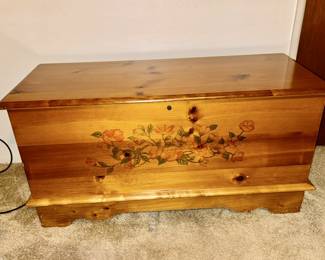 Modern cedar chest, stenciled flower front decor