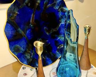 Vintage plate, candlesticks (SOLD), blue stretch vase (second view)