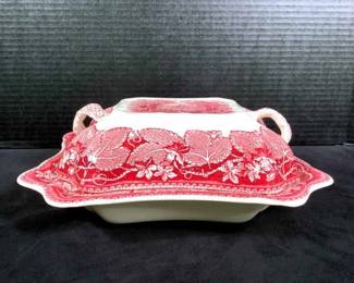 GRLI236 Vintage Masons Vista Ironstone Vegetable Dish Pink rectangular double covered vegetable dish.
