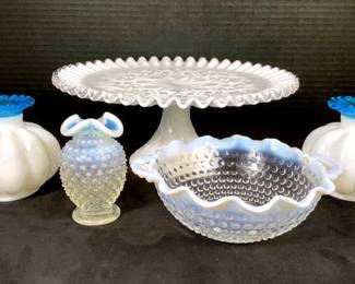 GRLI225 Fenton Glass Pieces Fenton Spanish lace silver crest pedestal dish. Bowl and 40's Fenton opalescent ruffled hobnail. A pair of Fenton ruffled edge melon vases.
