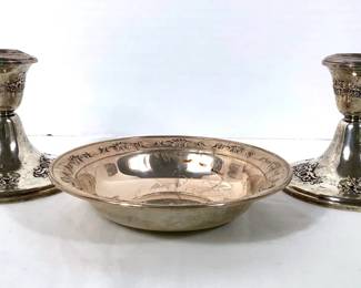 GRLI220 Gorham Sterling 2 weighted candlesticks and a small bowl.

