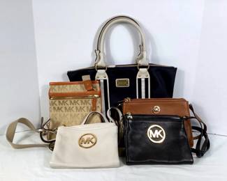 GRLI238 Michael Kors Handbags Assortment Blue and white large handbag, all leather and leather handles. Tan crossbody bag with large MK logo on it.&nbsp;
