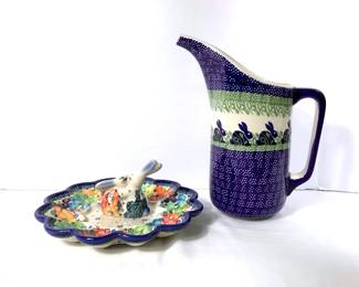 GRLI224 Polish Pottery Bunny Themed Pieces "Bunny Love" pattern water pitcher. Colorful egg plater.&nbsp;
