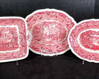 GRLI237 Vintage Masons Vista Ironstone Cake Plate  Serving Platers Cake plate and 2 serving plates, one is 6x11 and 14x11.
