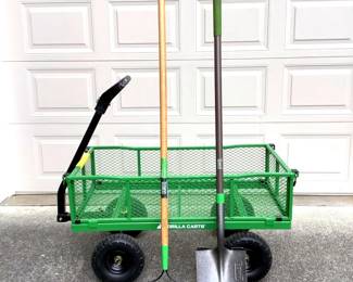 GRLI204 Gorilla Steel Utility Cart Yard Tools 2 Ames rake and spade shovel. Gorilla Steel utility cart, model # 2140GCG-NF. Has a nice size pulling handle and 10" wheels.
