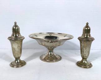 GRLI219 Weighted Sterling Salt and Pepper shakers, stamped" Empire weighted Sterling 241". Candy dish, stamped "Weighted Sterling".&nbsp;
