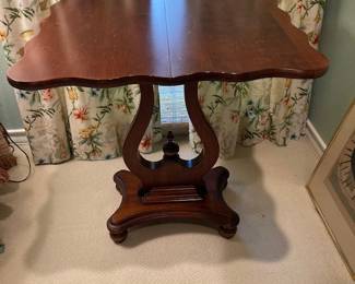 antique card table, top swivels and turns to have a smaller footprint on top