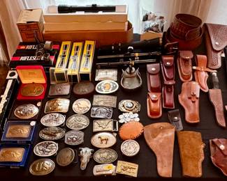 Gun Scopes, Belt Buckles, Leather Holsters and Sheaths, Ammo Belts, Hunting Knife