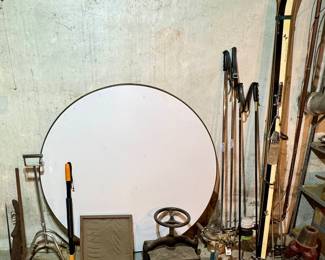 Table Top, Cast Iron Press, Vintage Skis and Poles