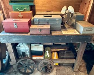 Toolboxes, Wooden Work Bench, Electric Fans, Lantern Box, Cooler, Iron Hubs