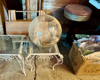 Small Iron and Glass Tables, Vintage Bar Stool, Fold Up Wooden Table, Round Glass Fish Bowl