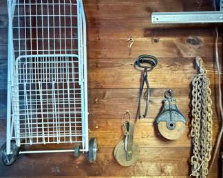 Fold Up Wheeled Cart, Wooden Pulleys, Hay Tongs, Chains