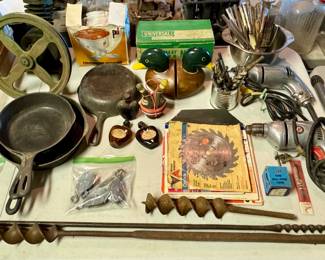 Cast Iron Pans, Vintage Auger Bits, Electric Drills, Saw Blades, and More