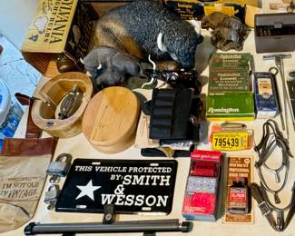 Vintage Ammo, Stirrups, Buffaloe Figures, etc
