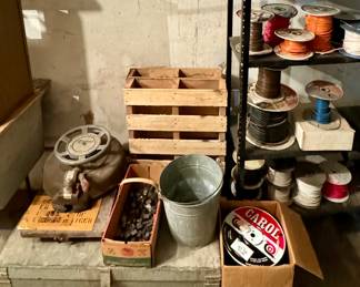 Wire, Galvenized Pail, Pair of Small Wooden Pallets,