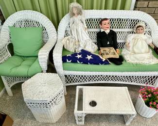 Wicker Style Patio Furniture; Ventriloquist Doll; Victorian Dolls; American Flag