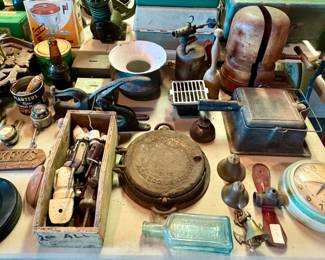 Porcelain Lined Spittoon, Cast Iron Waffle Makers, Ceramic Insulators, Vintage Clock, Bells