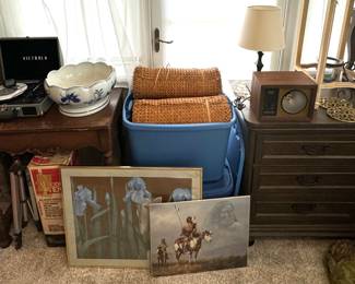 End Tables, Phonograph, Strobe Machine, Art, Tripod, Rolls of Caning for Antique Chairs
