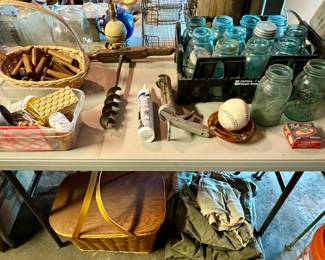 Mason Jars, Auger, Wooden Handles, Picnic Basket, Ash Tray, Caulk Gun
