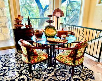 TROPICAL CORNER, GOLDEN GIRLS BAMBOO STYLE GLASS TABLE AND 4 CHAIRS ON WHEELS.