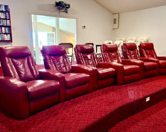 LARGE MEDIA ROOM WITH 6 RED LEATHER MEDIA RECLINERS.  SOLD AS A SET.