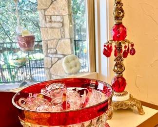RUBY RED KING'S CROWN PUNCHBOWL AND STAND.