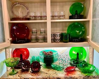 CHRISTMAS CORNER WITH PRETTY GLASS DISHES AND GLASSWARE.