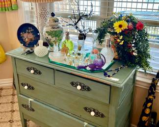 SHABBY CHIC TEAL CHEST WITH SWEET PERFUME BOTTLES.