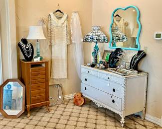 ANOTHER SHABBY CHIC CHEST OF DRAWERS, TURQUOISE MIRROR, AND 2 JEWELRY CHESTS.  (WE DO HAVE THE MISSING DRAWER!)