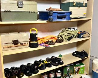 TACKLE BOXES, WATER SHOES.