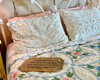 LOVE THE CHENILLE COVERLET, CROCHETED PILLOWCASES, IRON FULL BED.