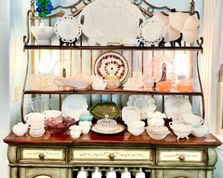 THE OTHER HUTCH!  MORE MILK, HOBNAIL, MOSIAC TILE PLATES.