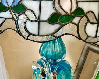 INTERESTING SLAG GLASS ROSE LAMP SHADE ON TURQUOISE BASE.