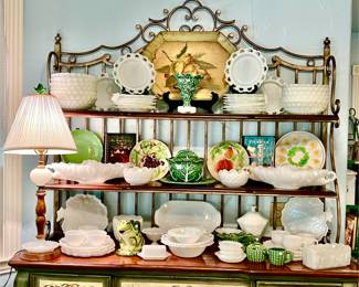 PAIR OF BEAUTIFUL PAINTED HUTCHES, BAKERS RACKS FULL OF MILK GLASS, MAJOLICA, AND MORE.