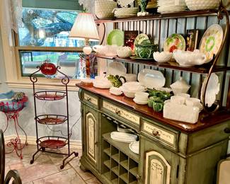 WE HAVE A PAIR OF THESE PULASKI PAINTED HUTCHES OF BAKER'S RACKS.  FULL OF MILK GLASS, MAJOLICA.