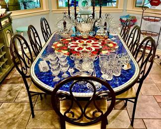 AMAZING MOSIAC GLASS TILE TABLE WITH 8 CHAIRS.