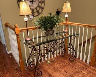 GLASS TOP CONSOLE TABLE AND LAMPS