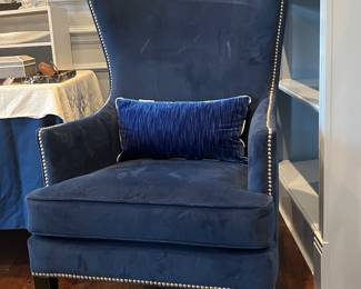 Blue velvet with brass tacking armchairs